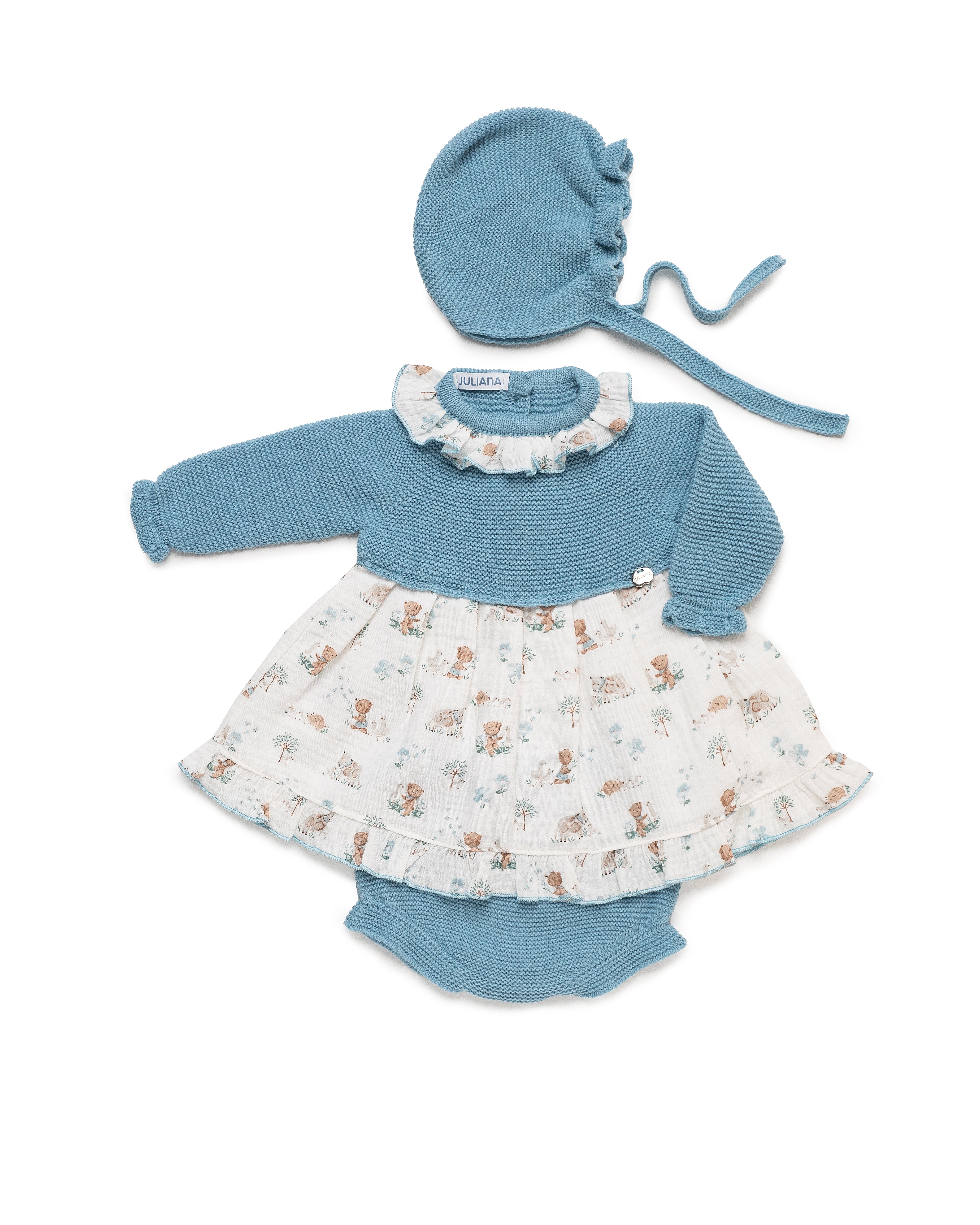 Vestido Punto y Tela con Capota Trazos Bebé